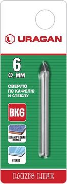 URAGAN 6 мм, 2х кромка, цилиндр хвостовик, Сверло по стеклу и кафелю (29830-06)
