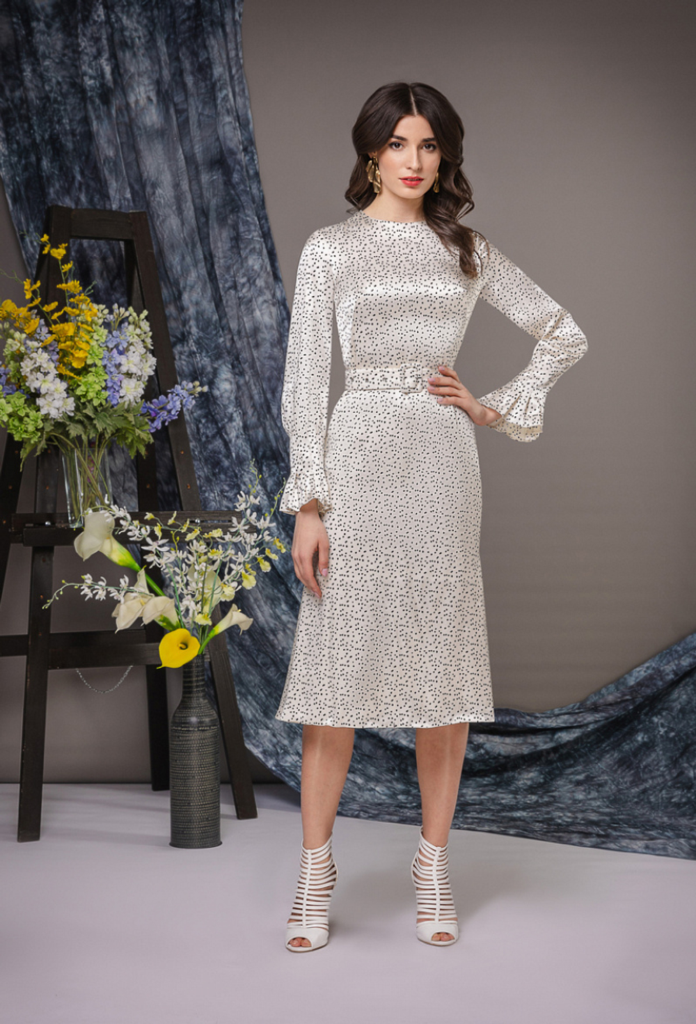 Платье шёлковое, юбка-годе белое с черным рисунком 04-04-22 SS