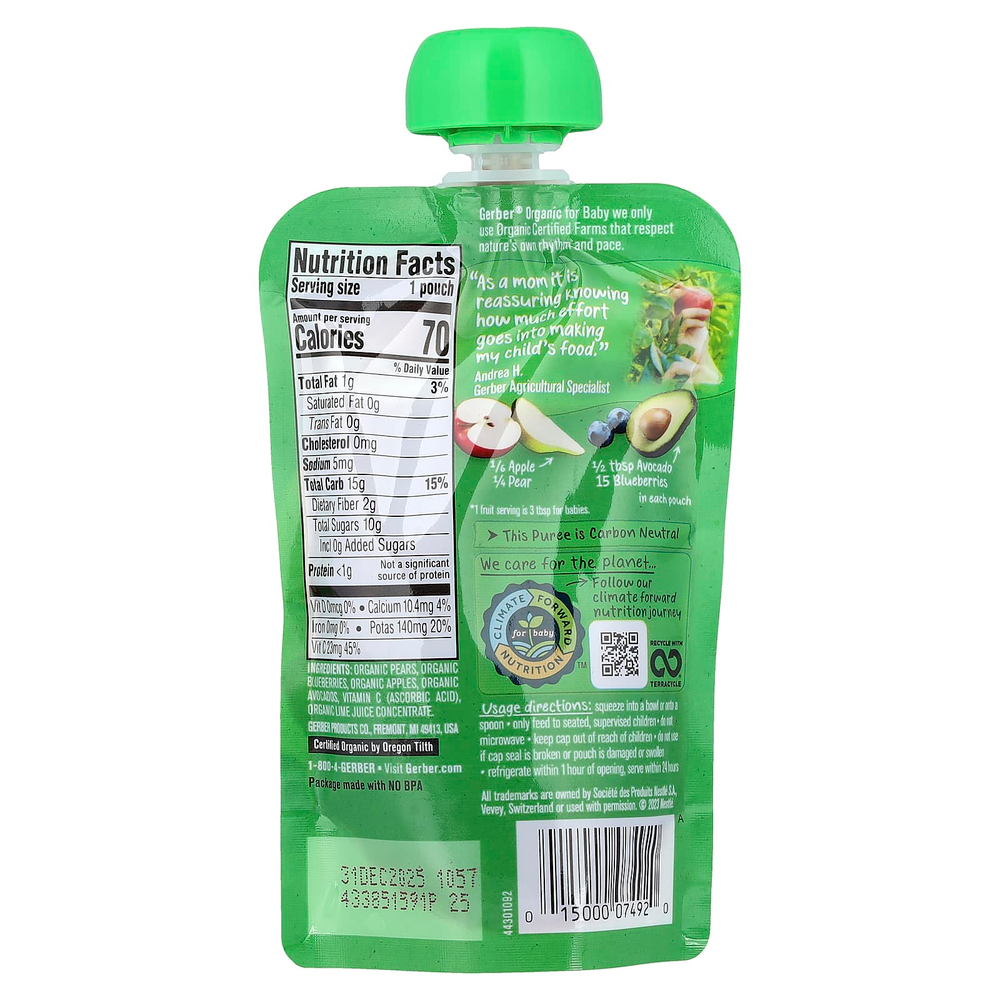 Gerber, Smart Flow, Organic, «Персик, черника, яблоко и авокадо», 99 г (3,5 унции)