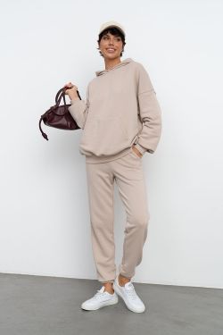 Свободные джоггеры без начеса из премиум футера серо-бежевого цвета