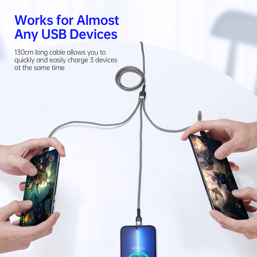 Кабель 3 в 1 в тканевой оплетке черного цвета от Duzzona с разъемами Type C, Lightning и Micro USB, серия A3 Cable, длина 1,3м
