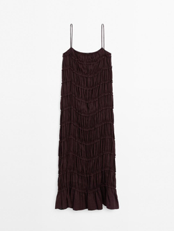 Massimo Dutti Длинное платье из струящейся смесовой льняной ткани, бордо