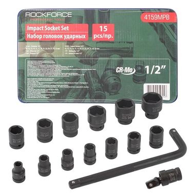 Набор головок ударных, 15пр. 1/2''6гр.(10,12,13,14,15,17,19,21,22,24,27,30,32мм.вороток Г-образный),в ложементе RockForce##Rock FORCE RF-4159MPB