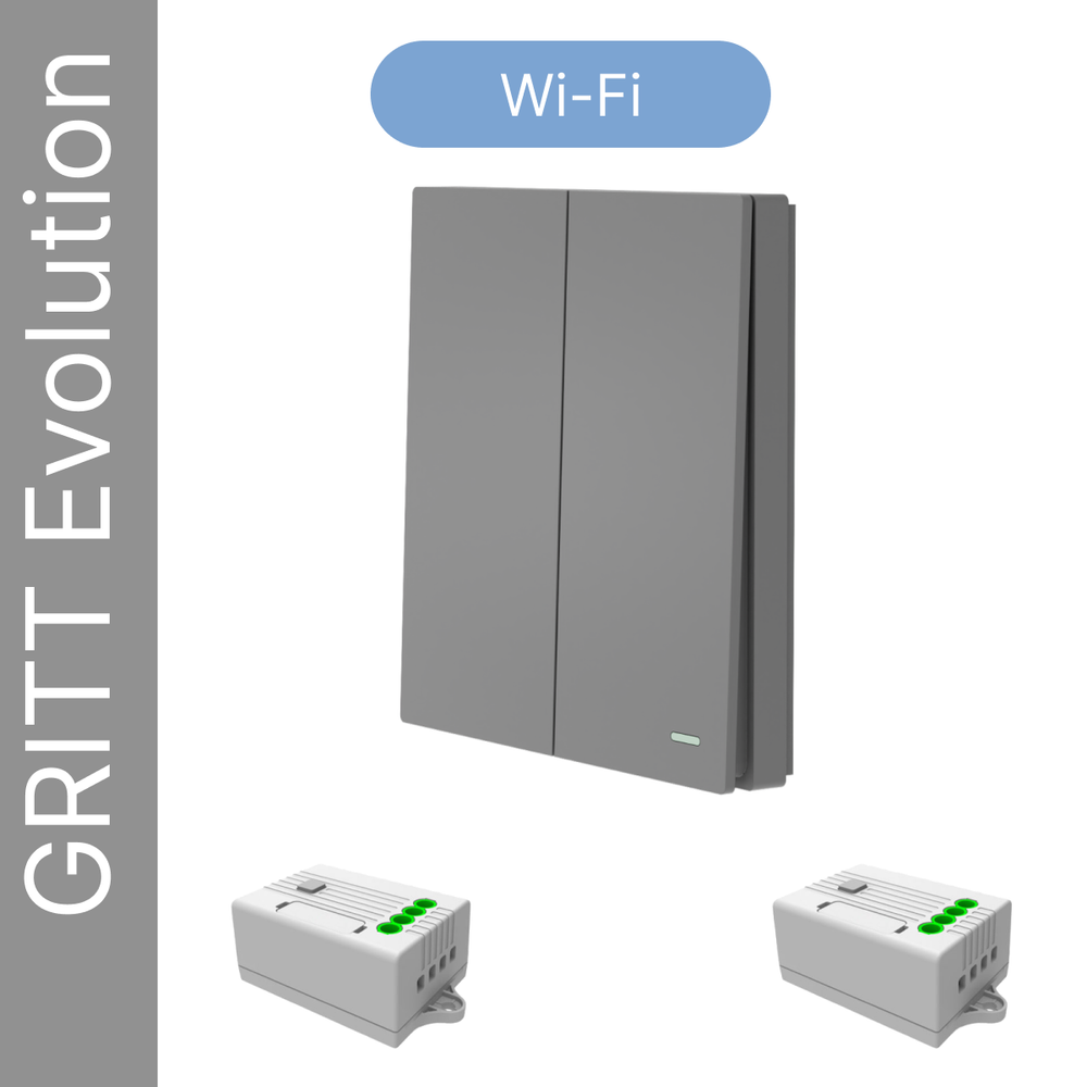 Умный беспроводной выключатель GRITT Evolution 2кл. графит комплект: 1 выкл. IP67, 2 реле 1000Вт 433 + WiFi с управлением со смартфона, EV221220GRWF