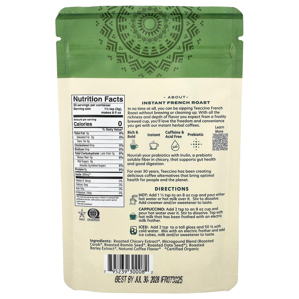 Teeccino, растворимый травяной кофе, французская обжарка, темный, без кофеина, 100 г (3,53 унции)