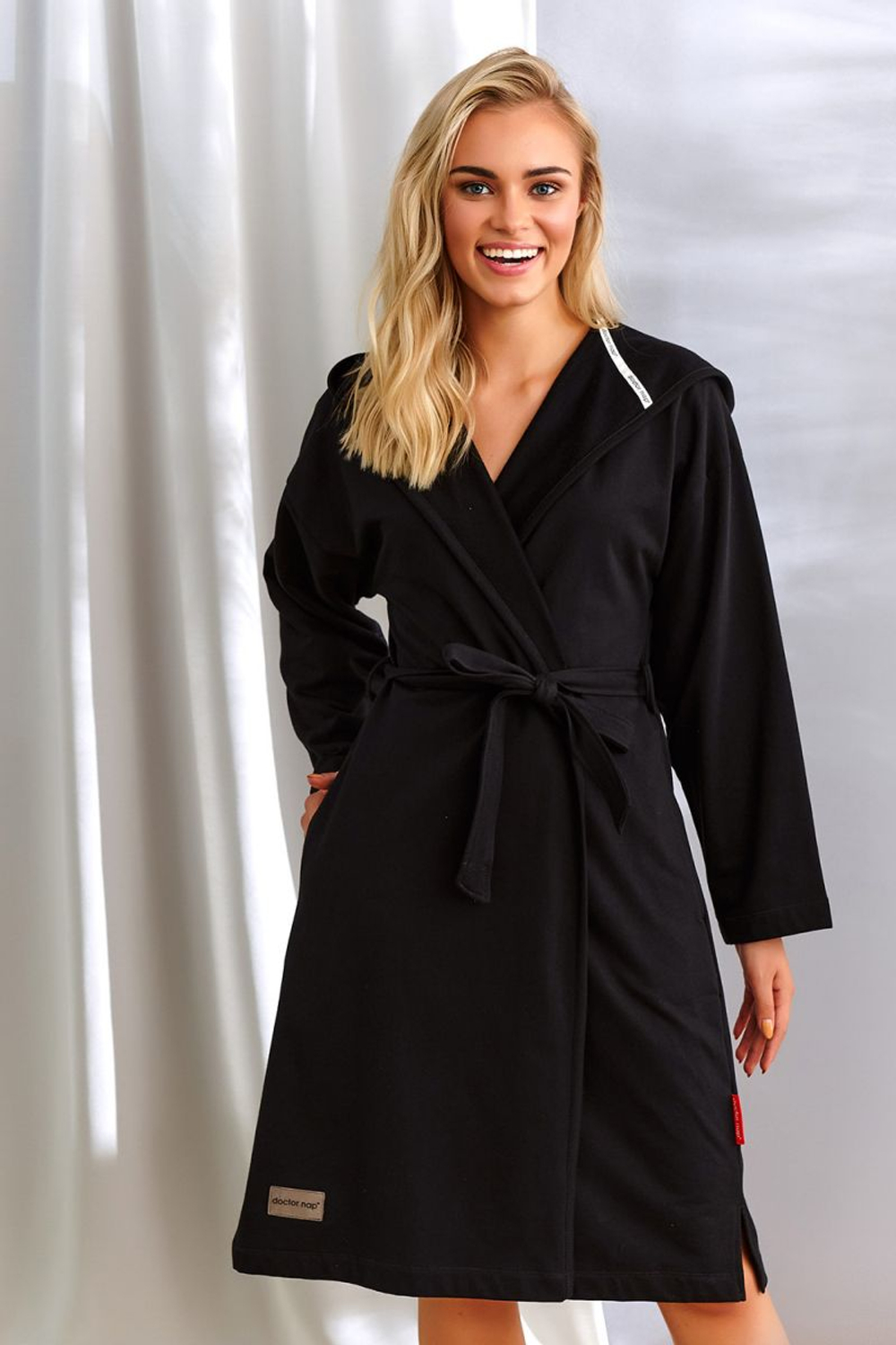 Хлопковый халат со съемным поясом (Размер: M) (Цвет: черный)