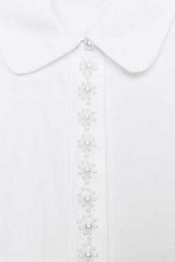 ZARA РУБАШКА ИЗ ПОПЛИНА С БУСИНАМИ, БЕЛЫЙ