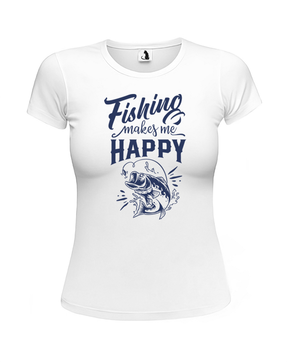 Футболка Fishing makes me happy женская приталенная белая с синим рисунком