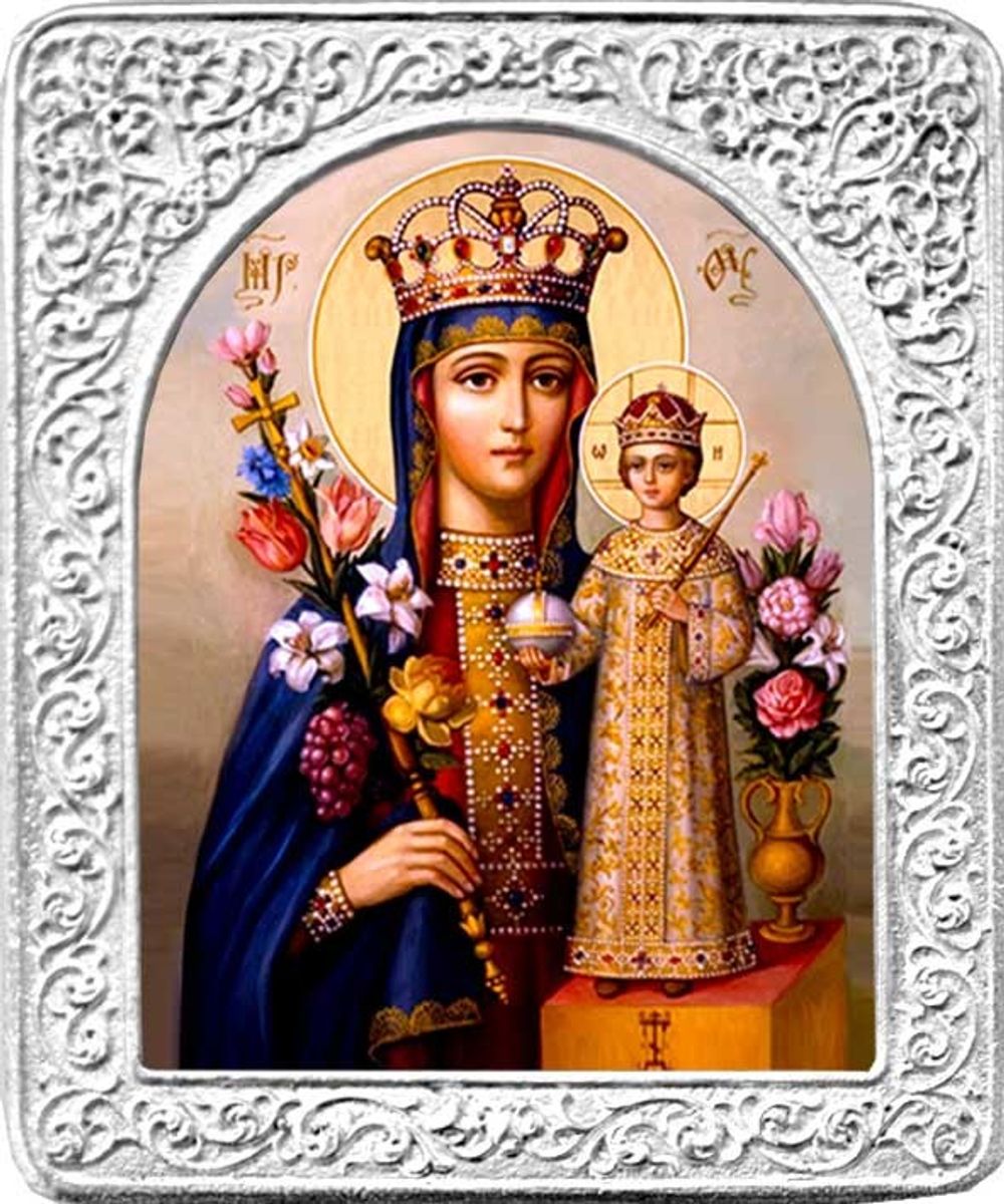 Маленькая икона Божьей матери в серебряной раме Неувядаемый (Благоуханный) цвет.