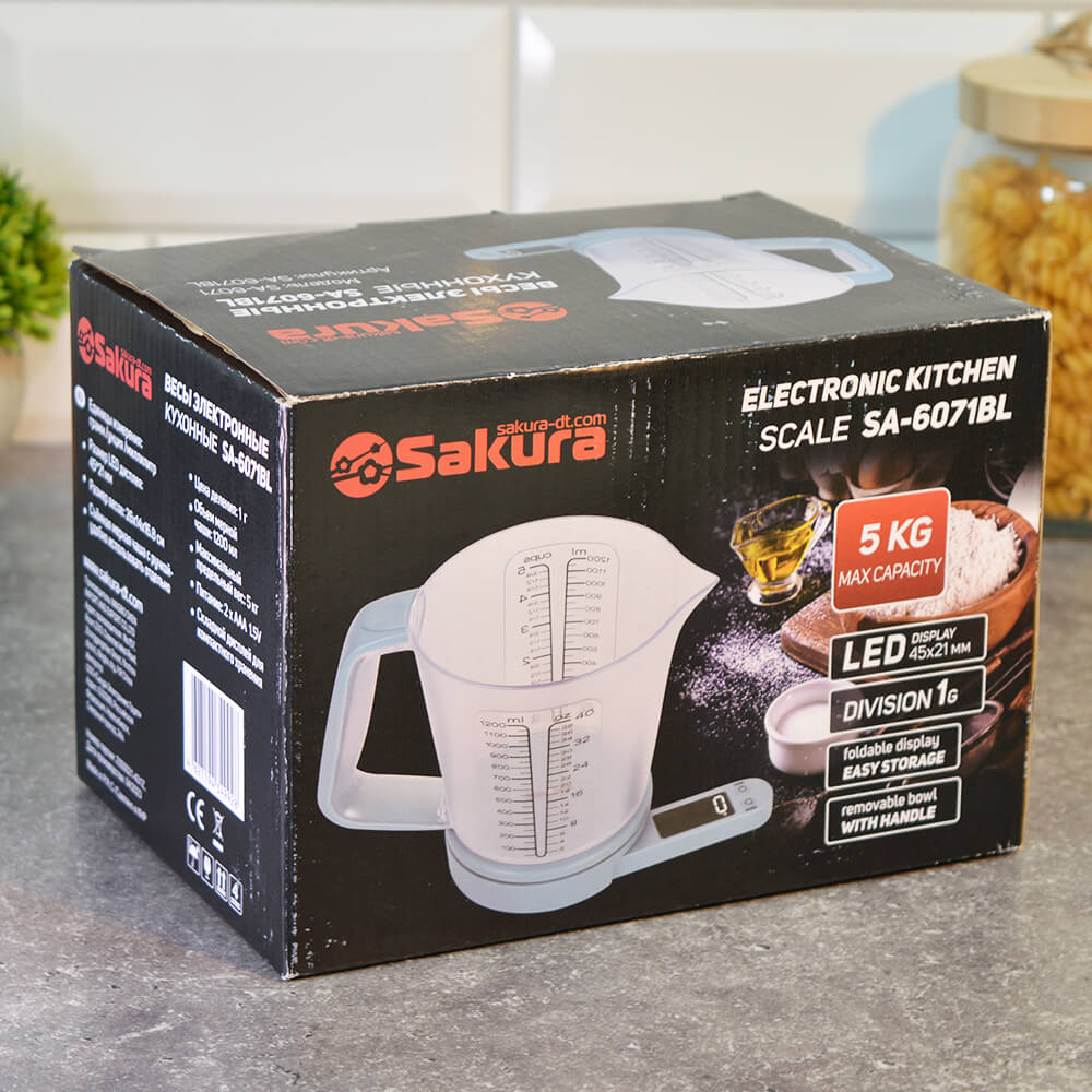 Весы кухонные электронные SA-6071BL, до 5кг, съемный кувшин 1200мл с мерной шкалой, цвет голубой