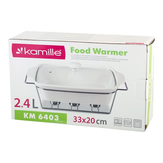 Мармит керамический прямоугольный 2,4 л. Kamille КМ-6403 со стеклянной крышкой на хромированной подставке