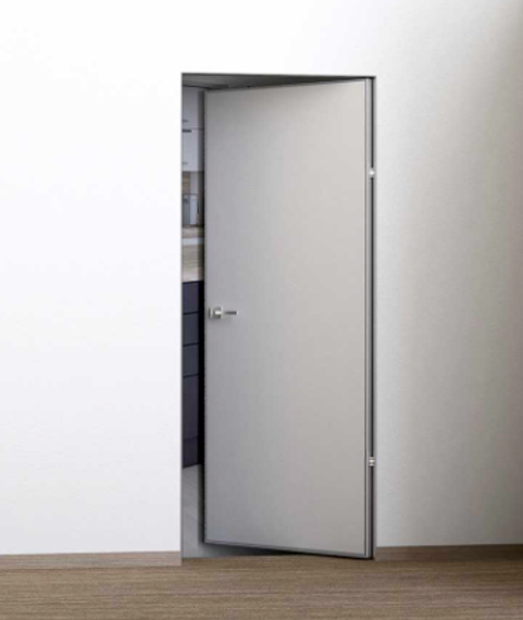 Фото межкомнатной скрытой двери под окраску Profilo Porte P-0 Invisible Revers с алюминиевой кромкой с внутренним открыванием