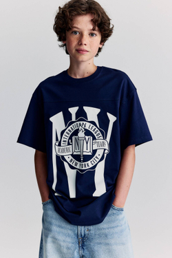 H&M Футболка оверсайз с принтом, темно-синий