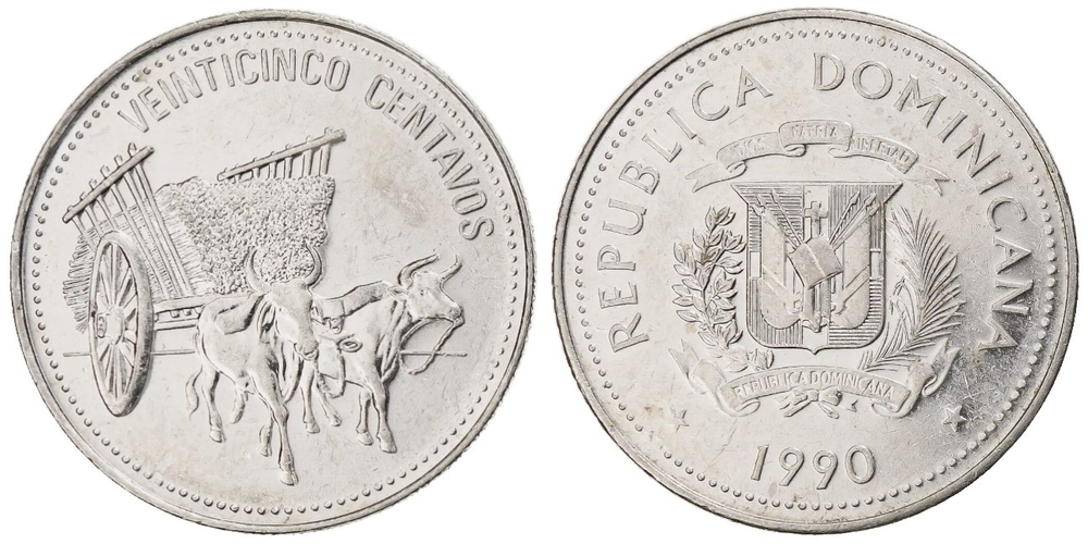 Доминикана 25 сентаво, 1990 Быки XF