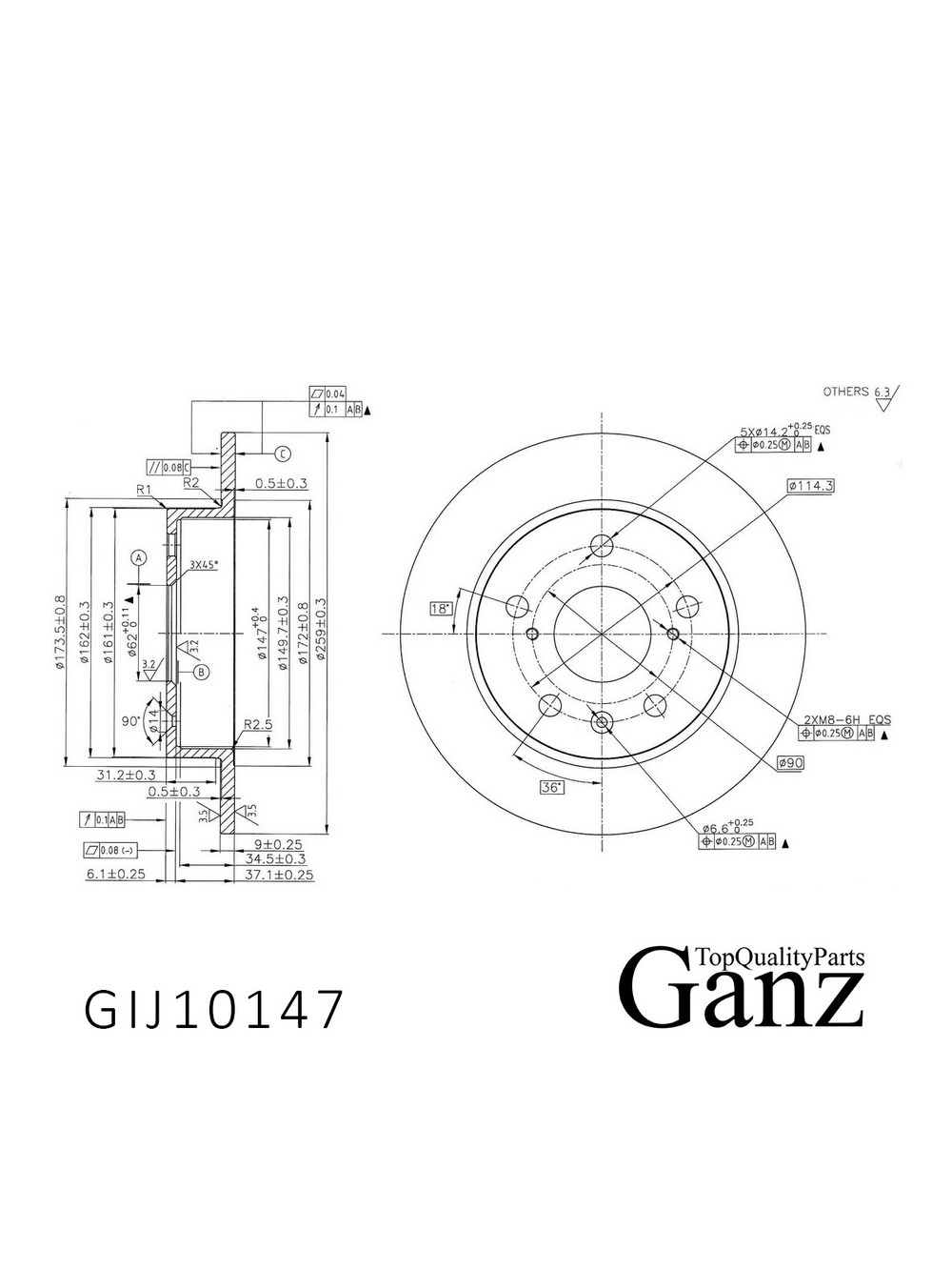 Диск тормозной задний с покрытием для SUZUKI SWIFT (10-)/SX4 S-CROSS (13-)/VITARA (15-) GANZ GIJ10147