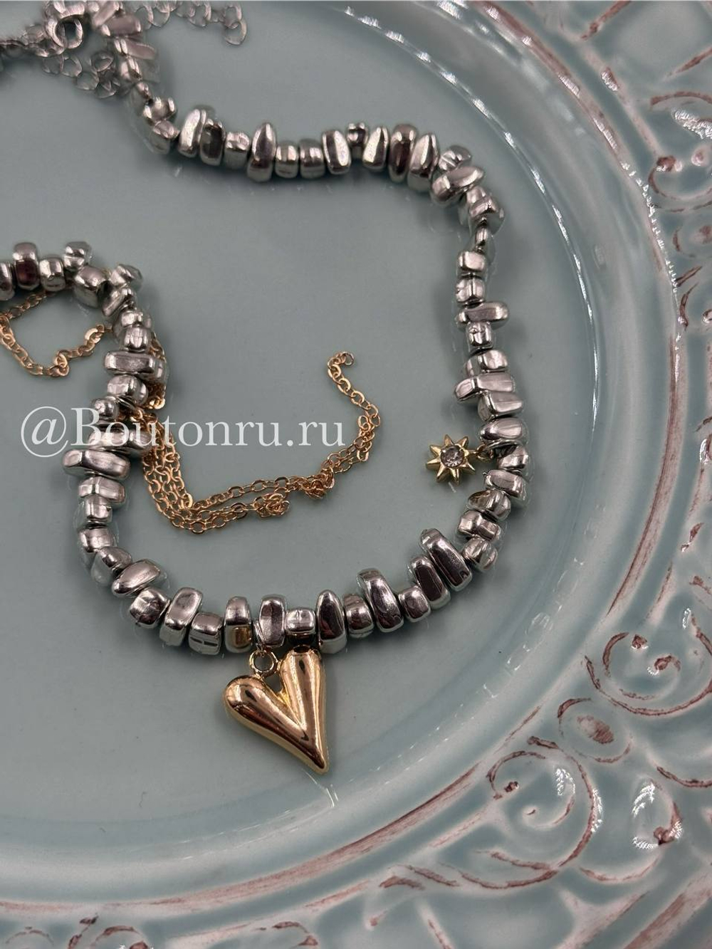 Колье серебристое с сердечком, звездочкой и цепью биколорное