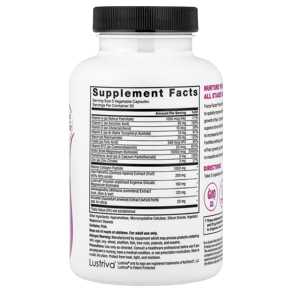 Force Factor, ускоритель роста волос с Lustriva®, 90 растительных капсул