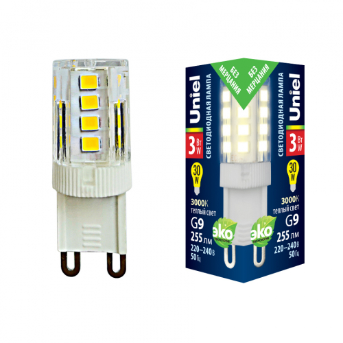 LED-JCD-3W/3000K/G9/CL GLZ09TR Лампа светодиодная, прозрачная. Теплый белый свет (3000К). Картон. ТМ Uniel.