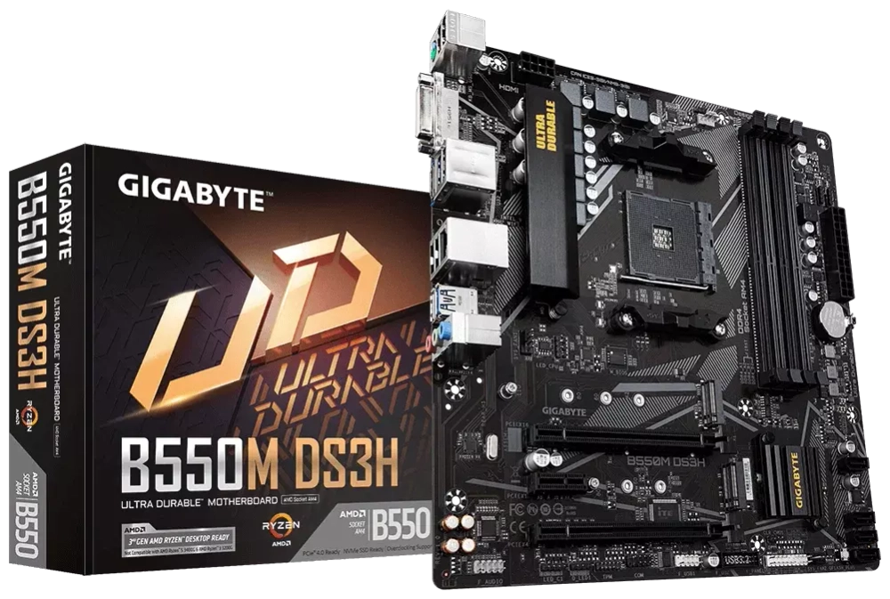 Материнская плата Gigabyte B550M DS3H (Socket AM4, AMD B550, 4xDDR4, PCI-E 4.0, 4xUSB 3.2 Gen1, DVI, HDMI, mATX)