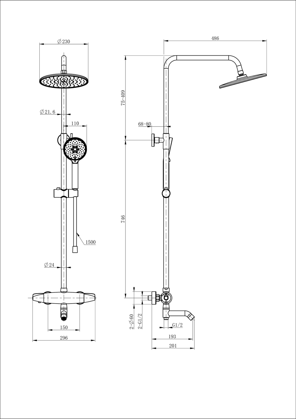Душевая система с термостатом WONZON & WOGHAND CAPSULE, Черный матовый (WW-B3031-A3-MB)