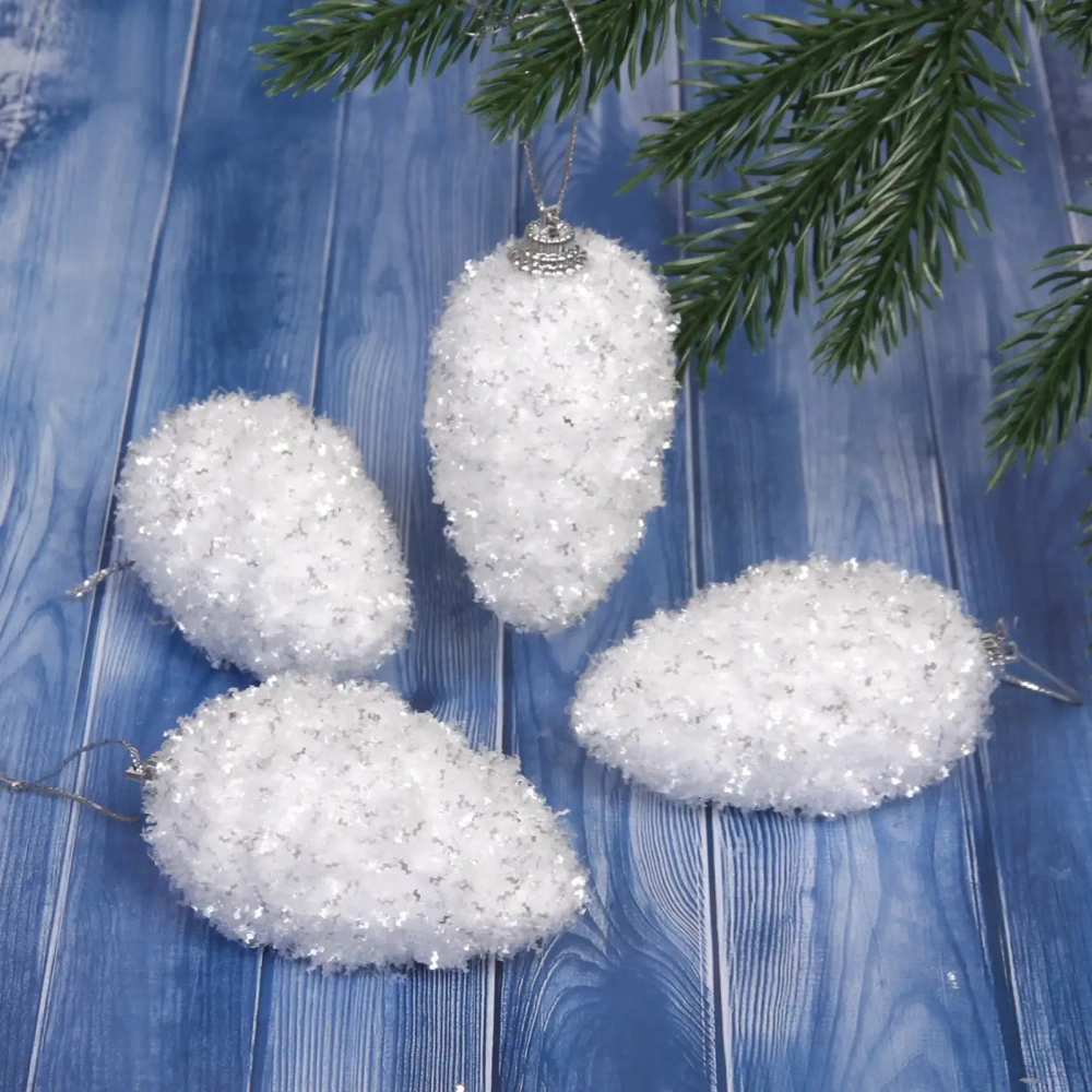 Ёлочные игрушки «Морозный иней» ШИШКА 7 см (набор 4 шт), Белый