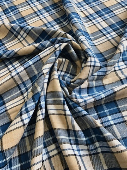 Костюмная вискоза принт клетка, беж/голубой, хлопок