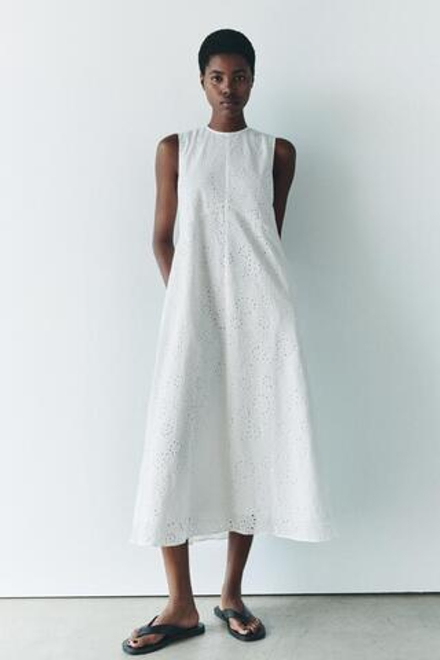 ZARA ПЛАТЬЕ МИДИ С ВЫШИВКОЙ — ZW COLLECTION, БЕЛЫЙ