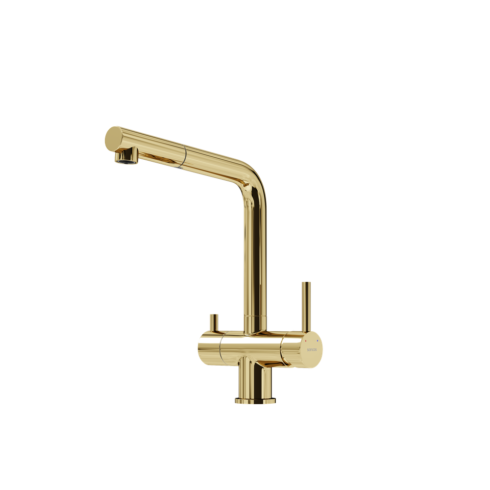 Смеситель для кухни Sancos Spin с вытяжным изливом, краном для фильтра, полированное золото, SC4015ZG