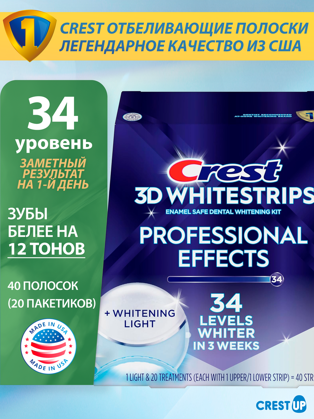 Crest 3D Whitestrips Professional Effects Light — Отбеливающие полоски для зубов: до 12 тонов за 20 дней