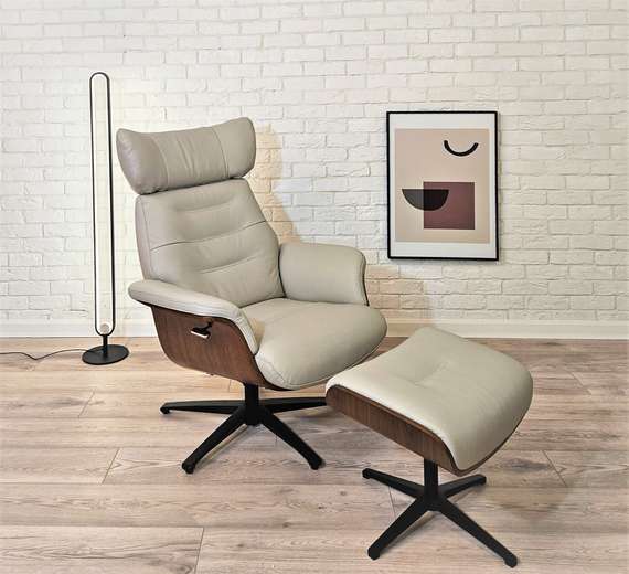 Кресло-реклайнер с оттоманкой Timeout, серо-бежевая кожа, орех