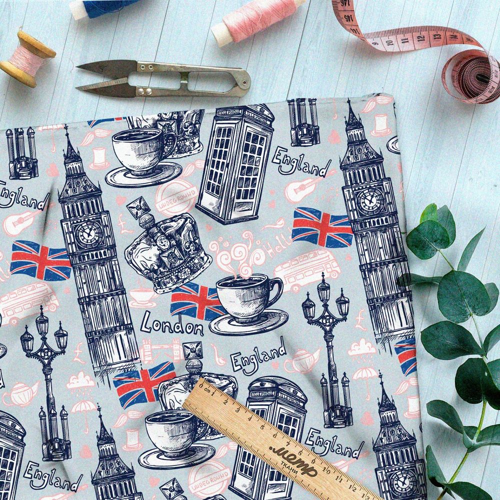 Ткань сатин корона, чай, биг-бен и великобританский флаг