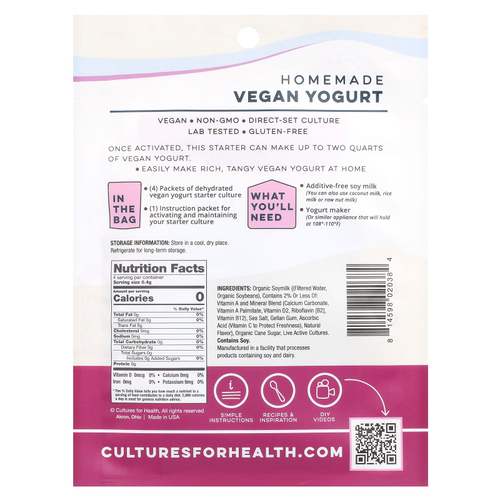 Cultures for Health, Веганский йогурт, 4 пакетика, 1,6 г (0,06 унции)