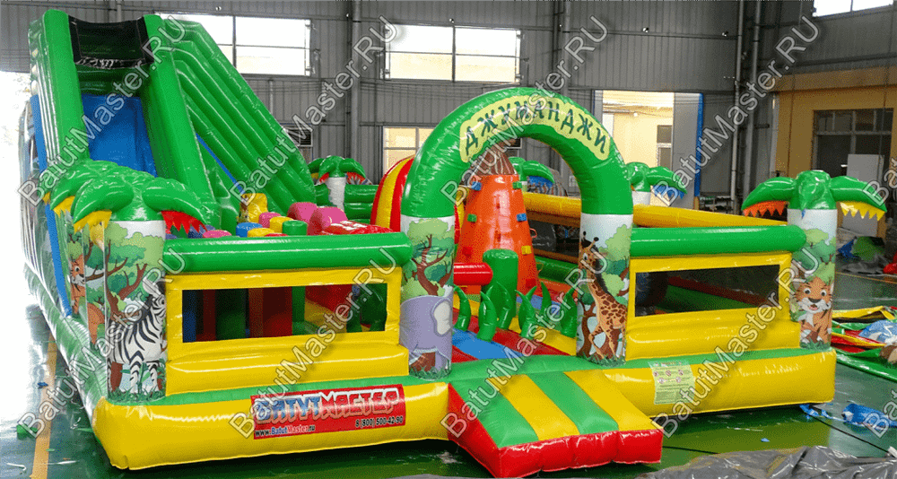 Надувной батут "Джунгли малый" борта с сеткой, размер 10*7*5 м