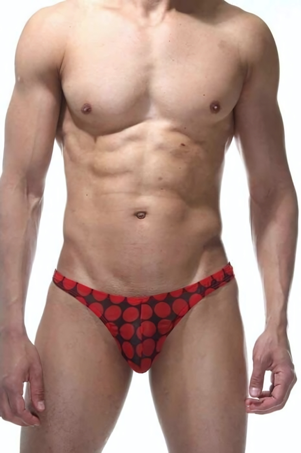Мужские трусы-тонга в крупный горох (Размер: L-XL) (Цвет: красный с черным)