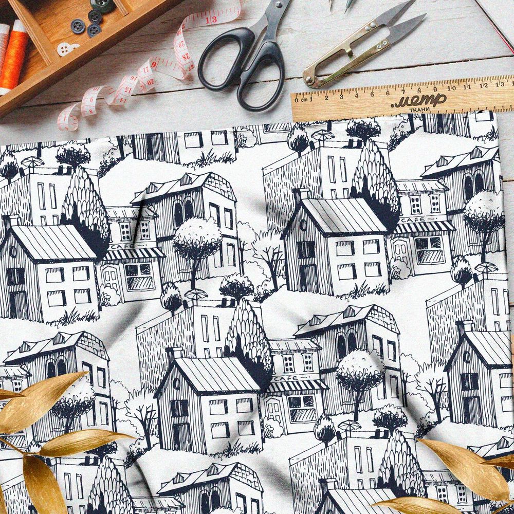 Ткань футер 2-х нитка карандашные дома на белом фоне