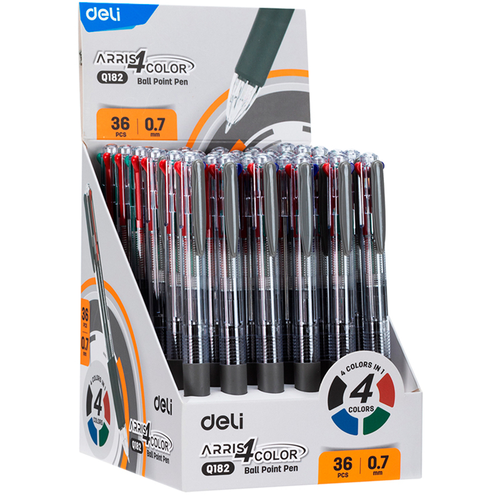 Ручка шариковая DELI "Arris Q182" автоматическая, четырехцветная, 0,7 мм, син/чер/крас/зел, грип