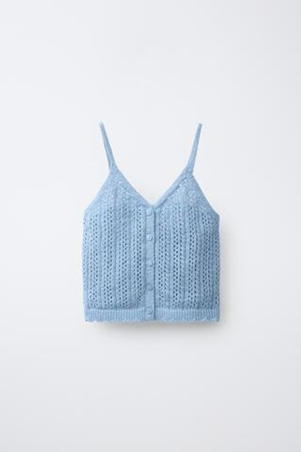 ZARA ТОП С ВЫШИВКОЙ РИШЕЛЬЕ, НЕБЕСНО-ГОЛУБОЙ