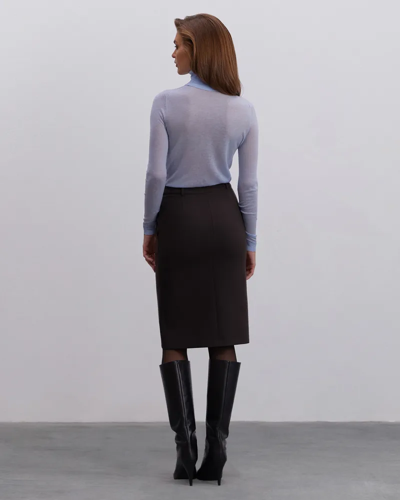 Коричневая прямая юбка миди с разрезом