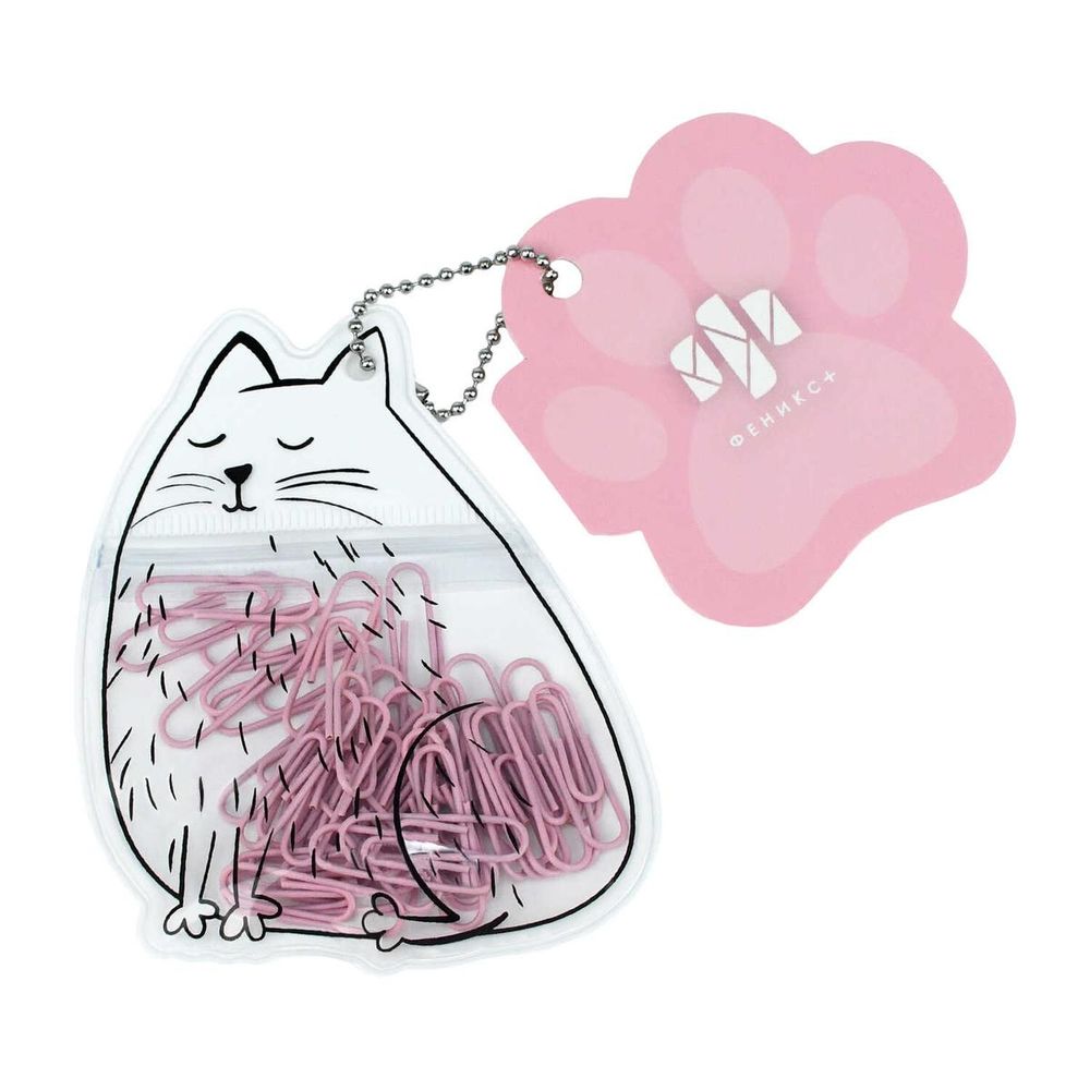 Скрепки канцелярские 40шт. 28мм. "Белый котик" металл, ПВХ, розовый (Феникс+)