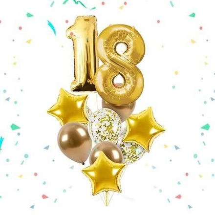 Композиция из золотых шаров с конфетти и цифрами на 18 лет