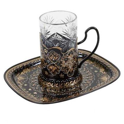 Set of tea glass holder with Zhostovo metal tray 21х18 cm ornamental SET18D02112023001