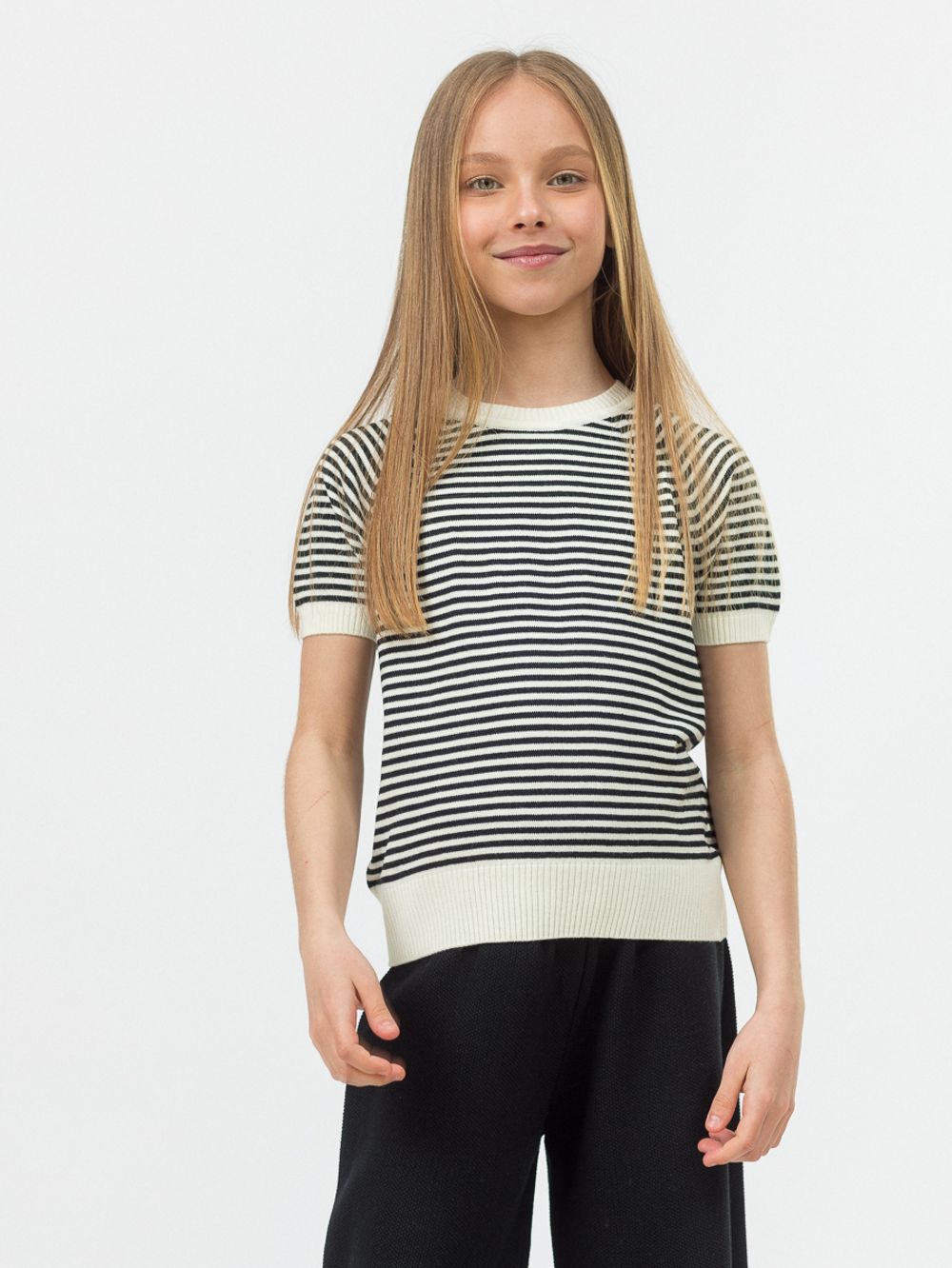 Джемпер для девочки с коротким рукавом AT996 молочный-черный