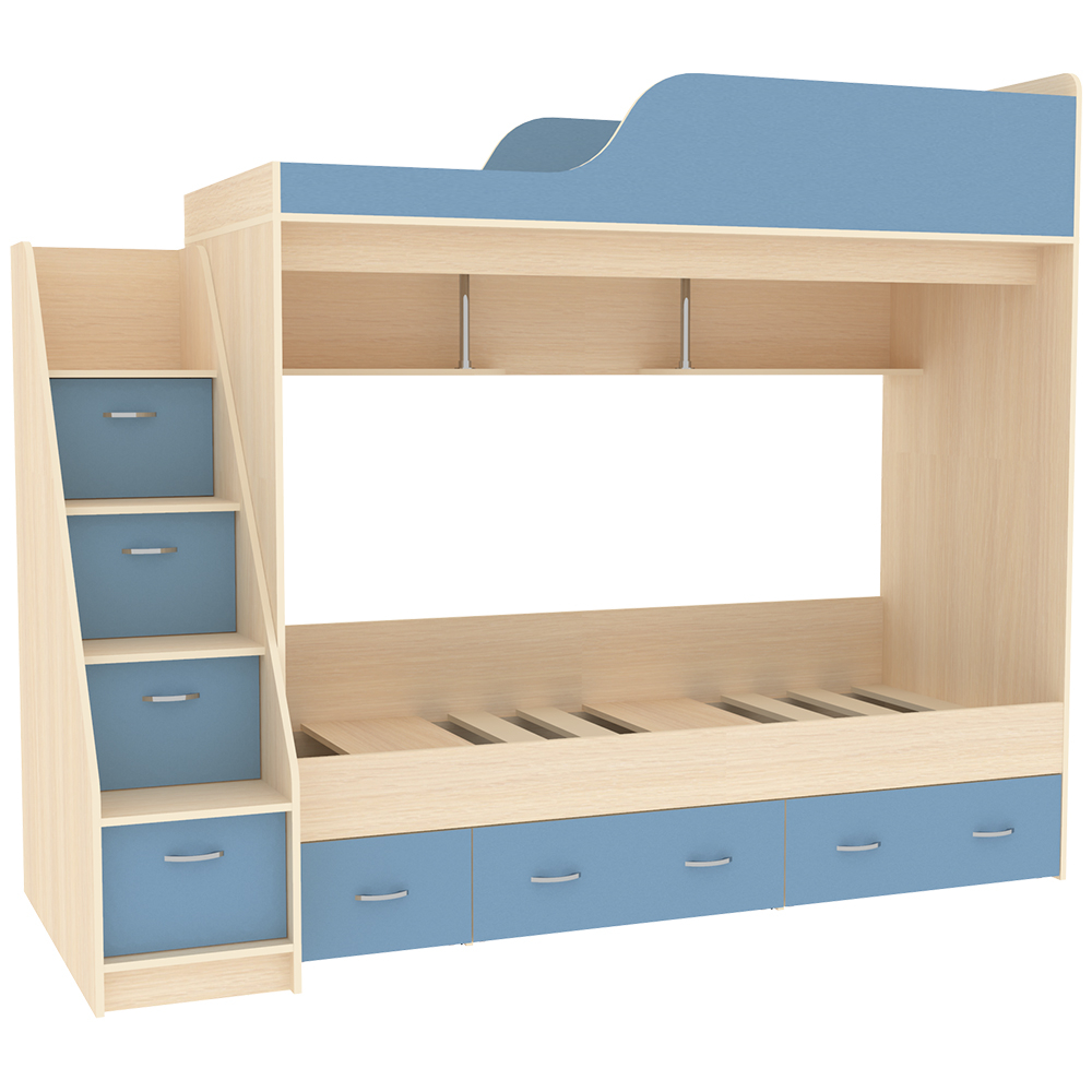 Двухъярусная кровать КарИВи Дуэт-14 с лестницей Комод КарИВиом Дуб Молочный Светло-синий, голубой