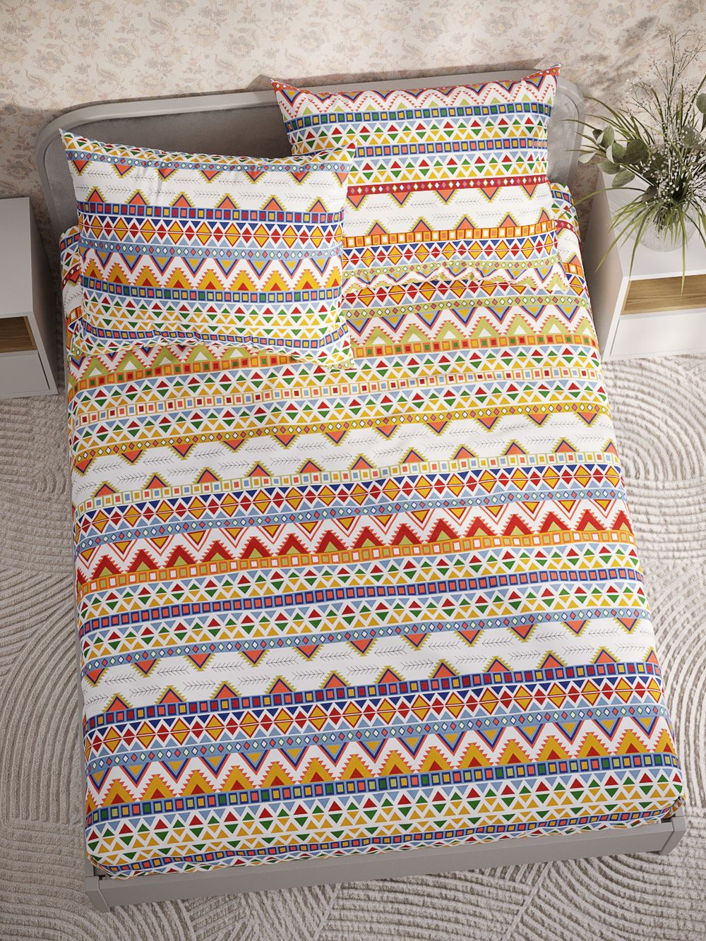 Постельное белье перкаль Сказка "Орнамент" евро Наволочка 50х70 см 2 шт Простынь на резинке 180x200 см Пододеяльник 200x215 см