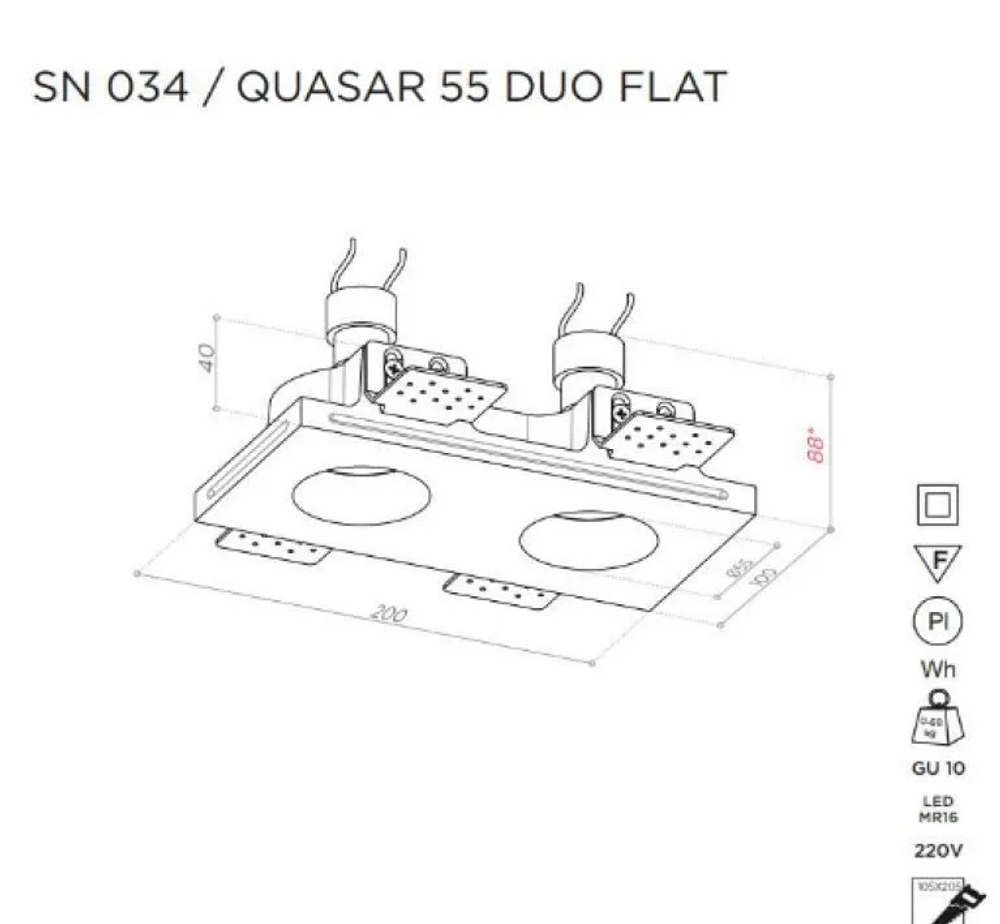 Светильник гипсовый встраиваемый Stellanova Quasar 55 DUO FLAT SN034 200х100х40мм со светодиодной лампой GU10 MR16 2x7W 2800K Ra>80