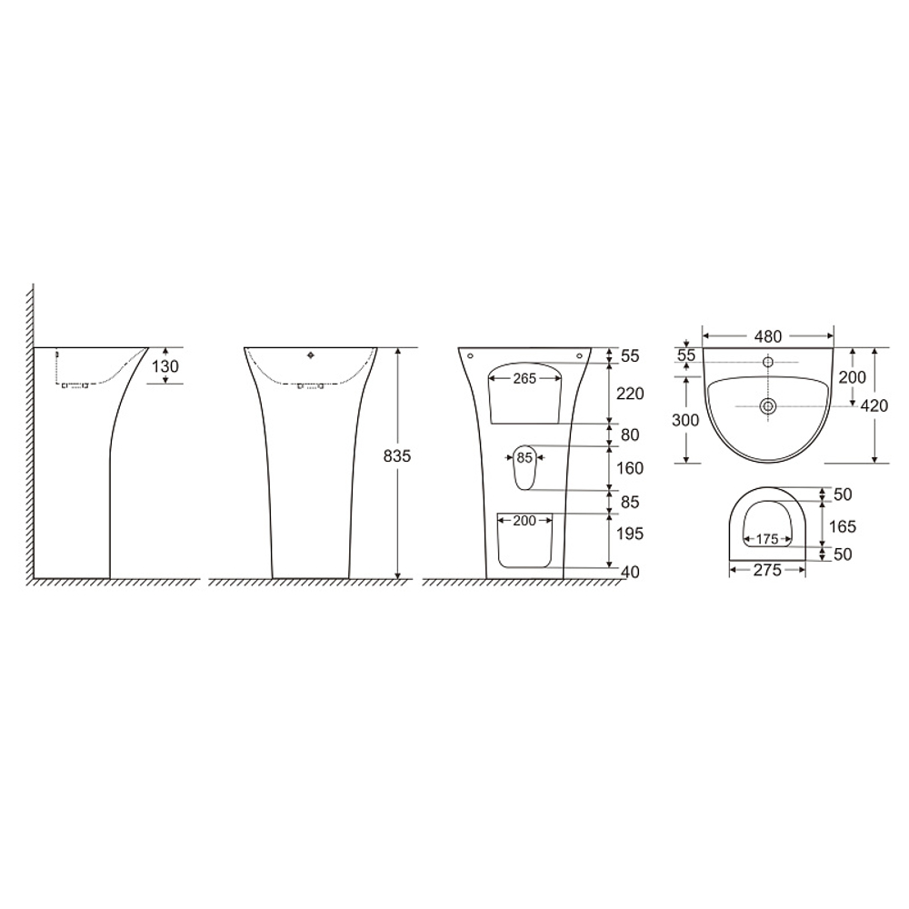 Раковина напольная AZARIO FRETTA ROUND 480x420x835 отдельностоящая, белый глянцевый (AZ-307)