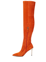 Женские замшевые рыжие ботфорты на шпильке со стразами