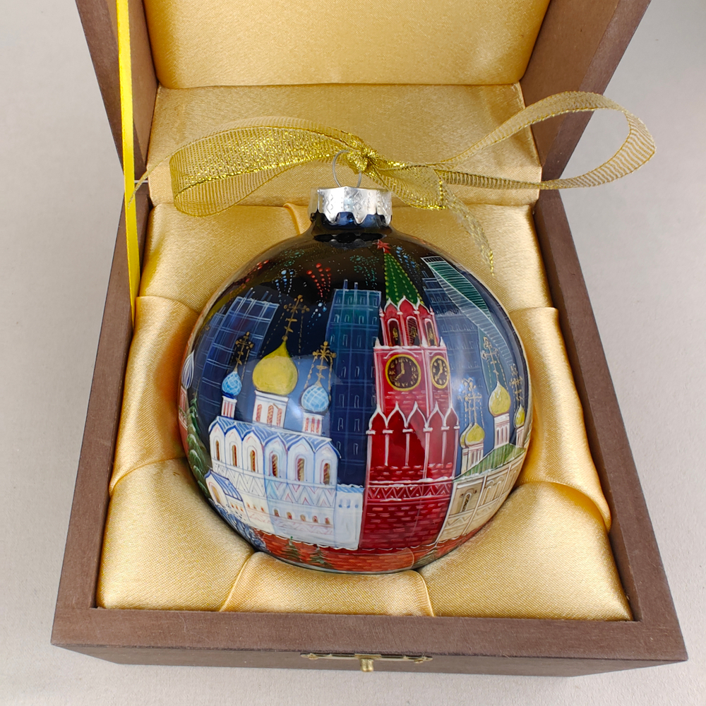 Елочный шар с росписью Палех "Москва" в футляре