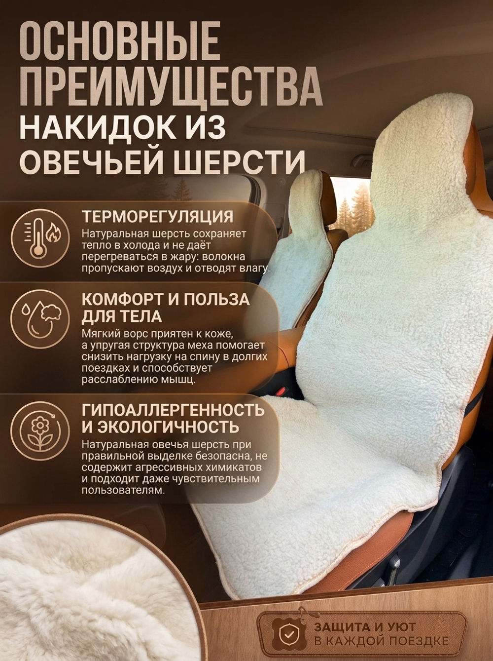 Накидки (2шт) чехлы на сиденье из овечьей шерсти 85%