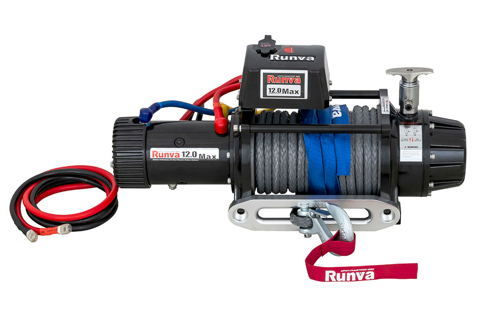 Лебёдка автомобильная электрическая 12V Runva 12000 lbs 5443 кг влагозащищённая, комбинированный роспуск, синтетический трос